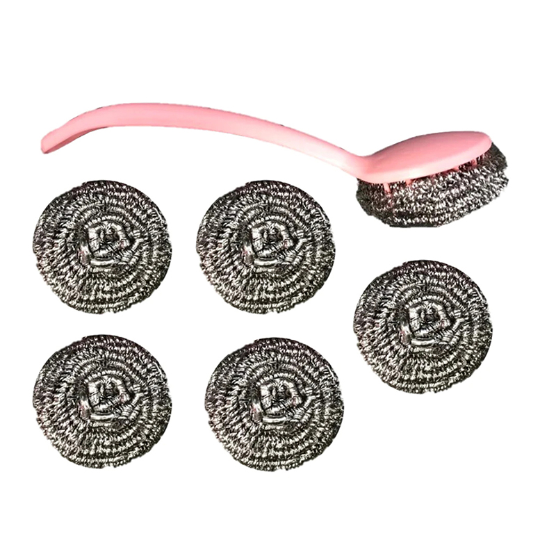 Steel Wool Scrubber Pack of 6 Kitchen Scourers with Handle - Silver