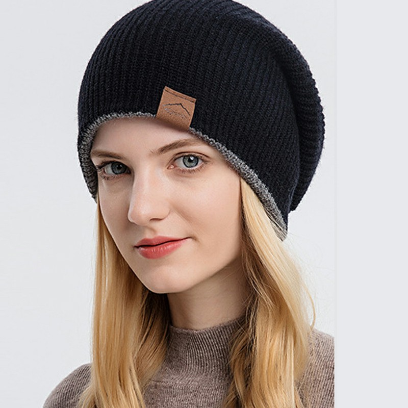 Unisex Winter Knitted Hat Crochet Thermal Beanie Cap Soft Texture Double Sided Warm Knitted Hats - Black