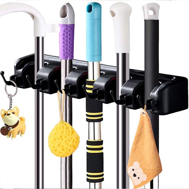 Wall Mounted Broom Mop Holder Brush Holder with 5 Positions and 6 Hooks - Black