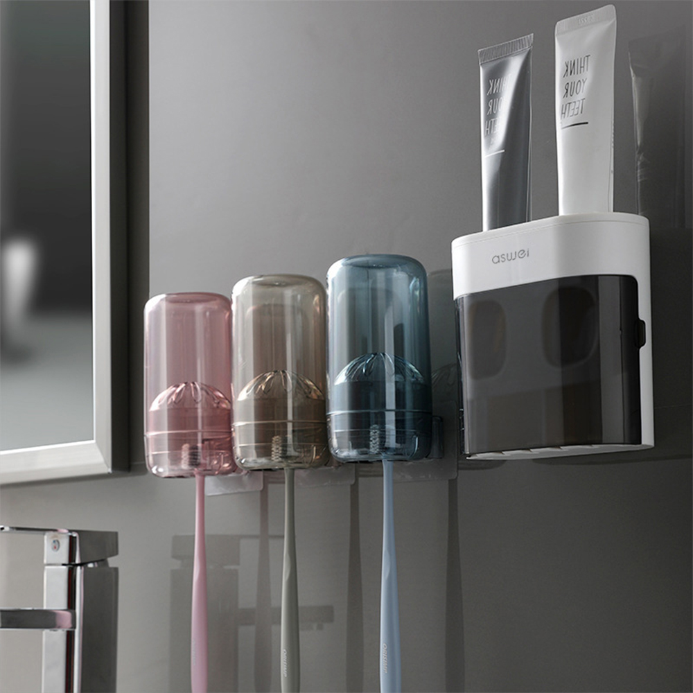 Wall-mounted Toothbrush Holder Double Toothpaste Dispenser with Wall Sticker