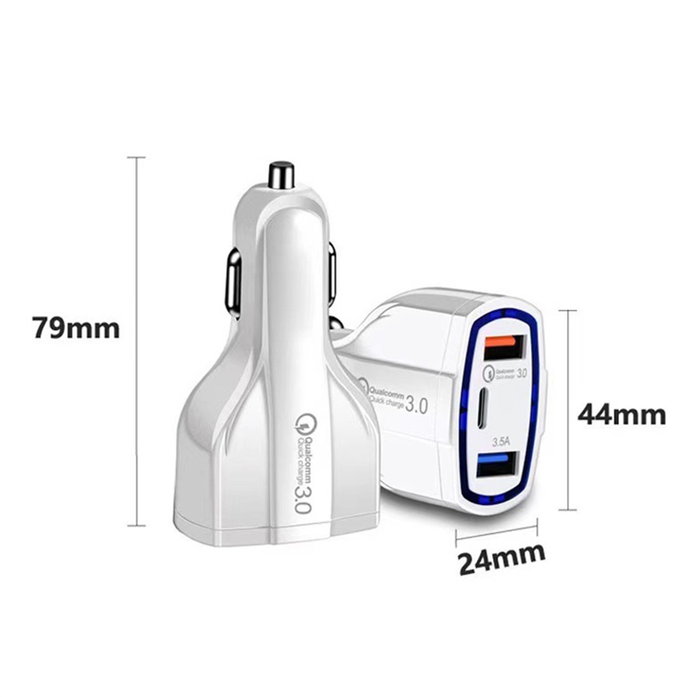 White QC3.0 Dual USB + PD Car Charger Type-C 48W Car Charger Cigarette Lighter Charger Adapter Compatible with iPhone Galaxy iPad Tablets