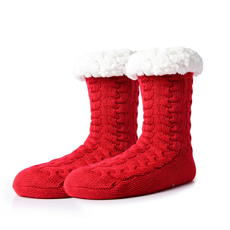 Winter Ladies Non Slip Soft Cozy Slipper Socks Fleece Lined Fluffy and Furry Knitted Warm Home Socks, Red