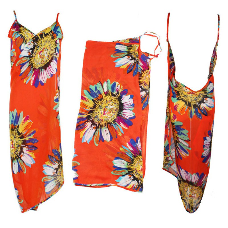 Women Bikini Cover Up Scarf Dress Swimsuit Sling Beach Chiffon Print Blouse - Orange