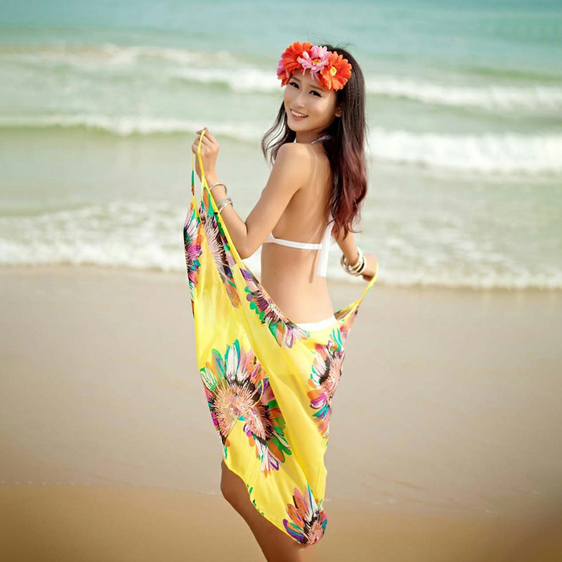 Women Bikini Cover Up Scarf Dress Swimsuit Sling Beach Chiffon Print Blouse - Yellow