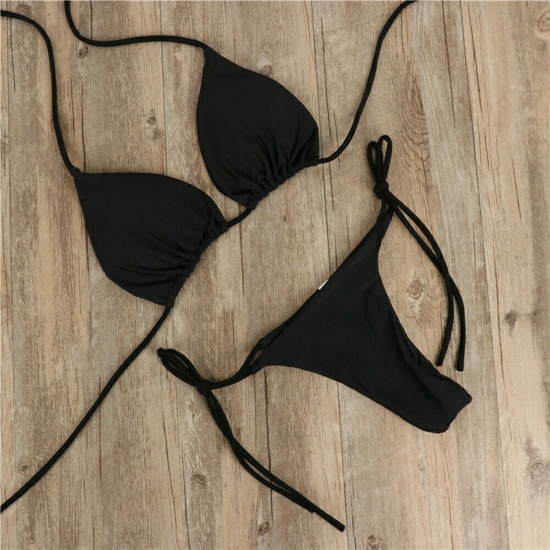 Women Halter Bikini Set Bra Top + Mini Triangle G-string Thong Swimwear Swimsuit Set - Black