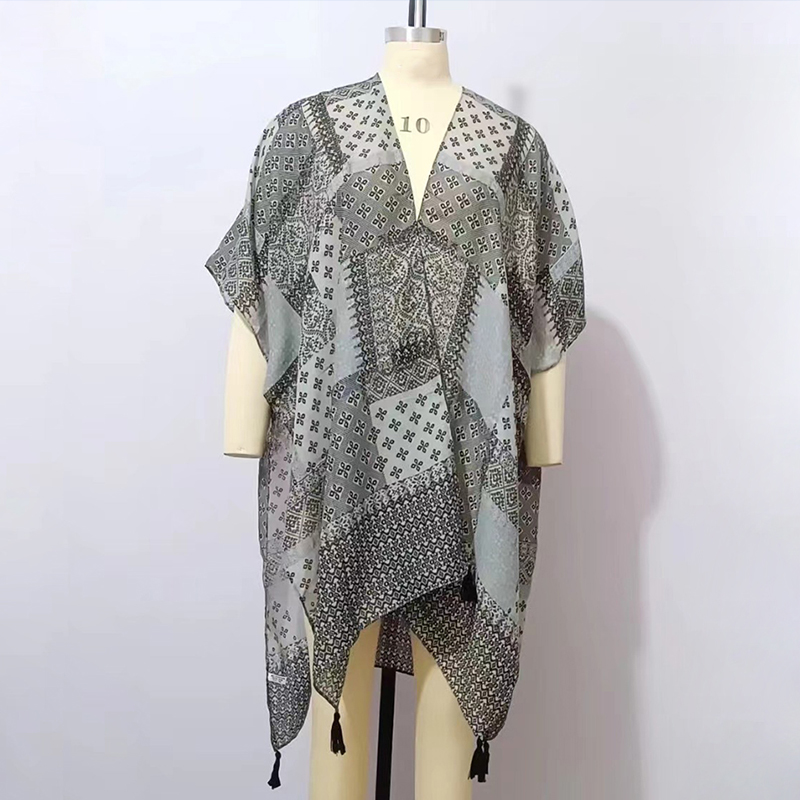 Women Kimono Cardigan Bikini Cover Up Chiffon Printed Loose Beach Summer kaftan - Light Grey