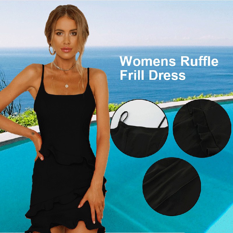 Women Ruffle Frill Mini Wrap Sling Dress Ladies Party Frill Dress - M