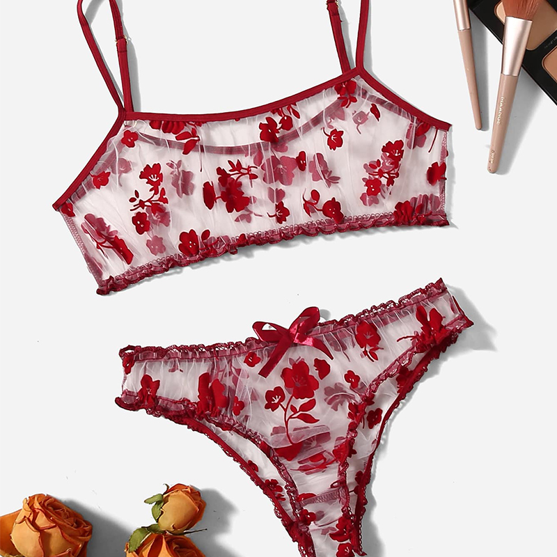 Women Underwear Bikini Two Piece Tulle Floral Print Lingerie Wine Red - S